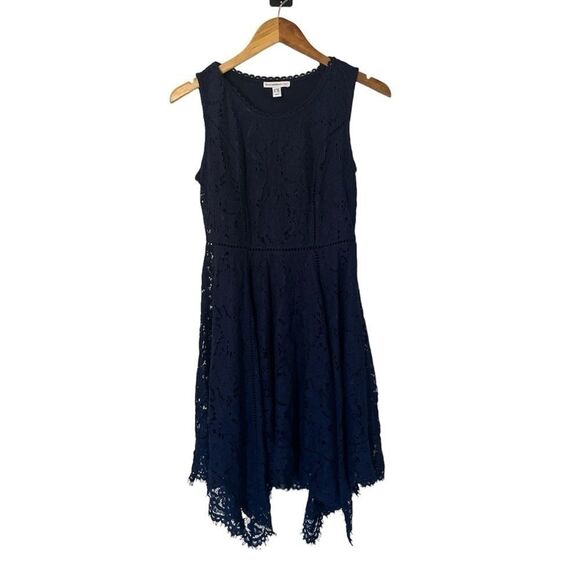 Isaac‎ Mizrahi Navy Blue Floral Lace Handkerchief Hem Midi Dress Sz XXS - Picture 2 of 10
